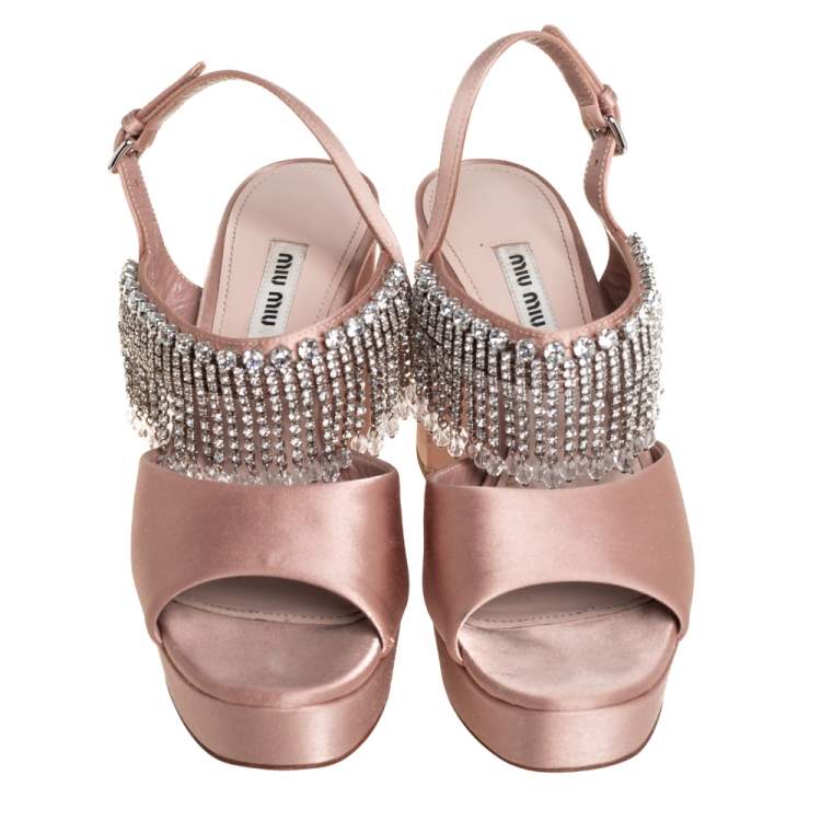 Pre Owned Miu Miu Beige Satin Embellished Platform Sandals Size 38.5