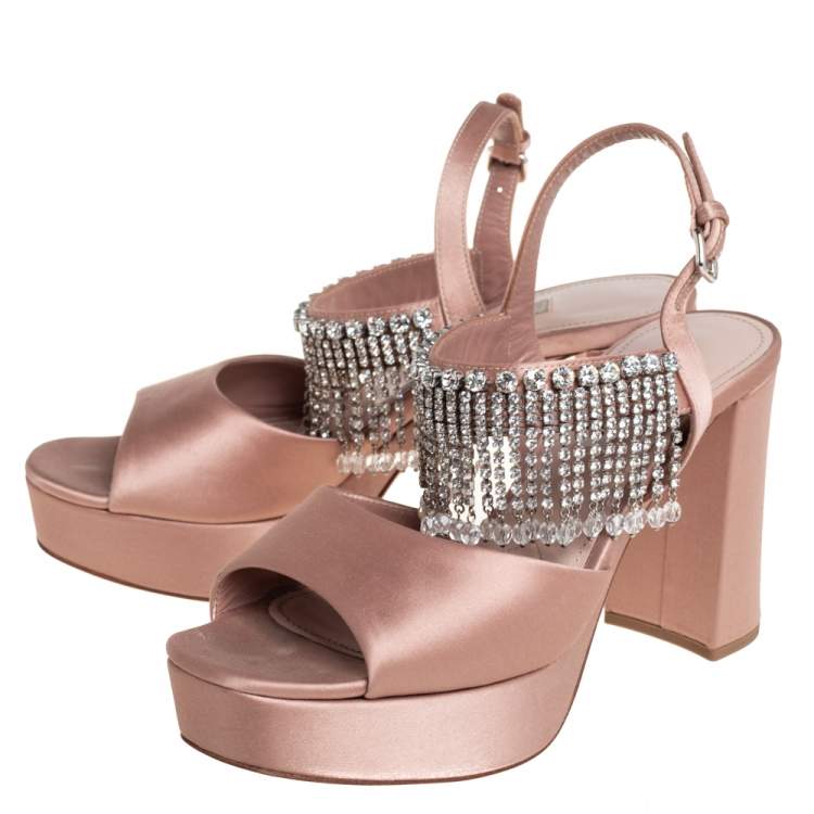 Pre Owned Miu Miu Beige Satin Embellished Platform Sandals Size 38.5