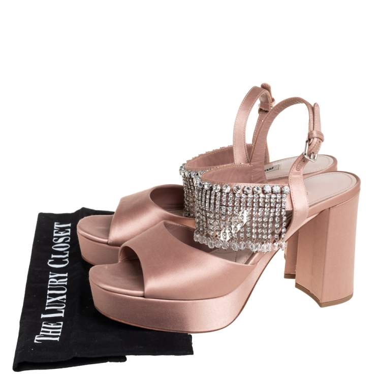Pre Owned Miu Miu Beige Satin Embellished Platform Sandals Size 38.5