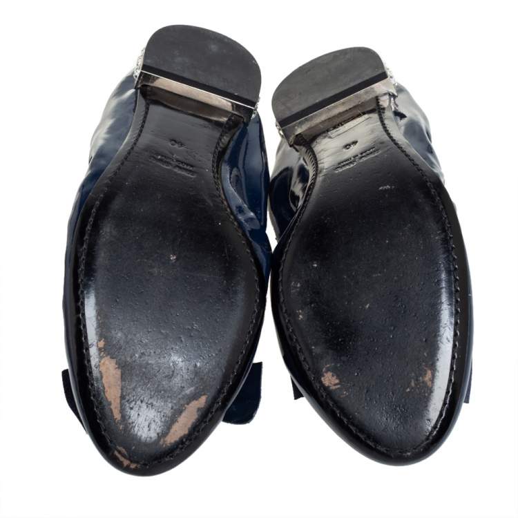Pre Owned Miu Miu Navy Blue Patent Leather Bow Detail Crystal Embellished Heel Scrunch Ballet Flats Size 40