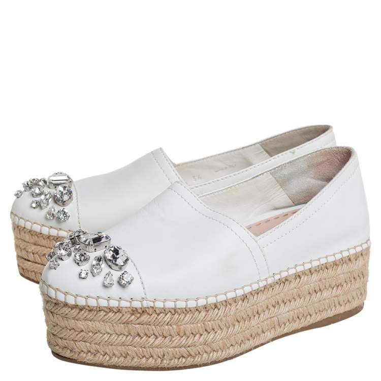 Pre Owned Miu Miu Off White Leather Crystal Embellished Espadrilles Size 36