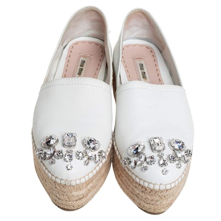 Pre Owned Miu Miu Off White Leather Crystal Embellished Espadrilles Size 36