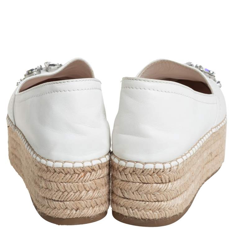Pre Owned Miu Miu Off White Leather Crystal Embellished Espadrilles Size 36