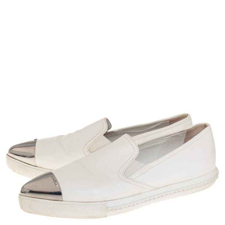 Pre Owned Miu Miu White Leather Metal Cap Toe Platform Slip On Sneakers Size 37