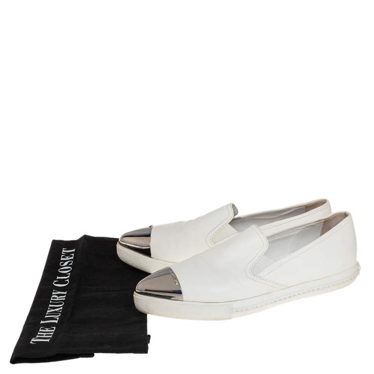 Pre Owned Miu Miu White Leather Metal Cap Toe Platform Slip On Sneakers Size 37