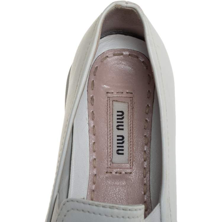 Pre Owned Miu Miu White Leather Metal Cap Toe Platform Slip On Sneakers Size 37