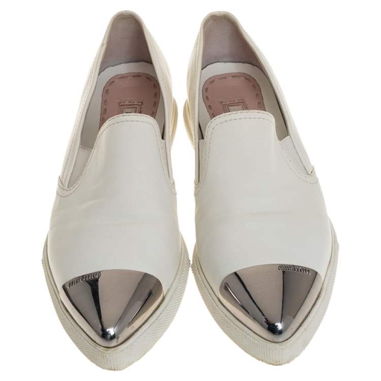 Pre Owned Miu Miu White Leather Metal Cap Toe Platform Slip On Sneakers Size 37
