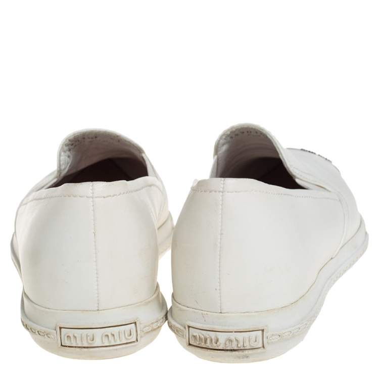 Pre Owned Miu Miu White Leather Metal Cap Toe Platform Slip On Sneakers Size 37