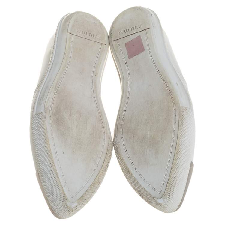 Pre Owned Miu Miu White Leather Metal Cap Toe Platform Slip On Sneakers Size 37