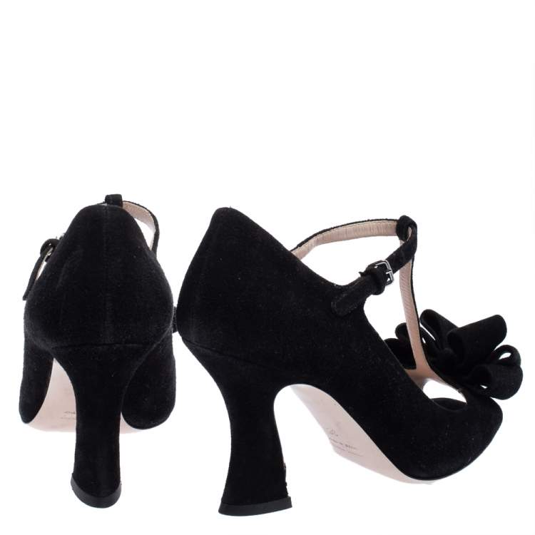Pre Owned Miu Miu Black Suede Bow T-Strap Sandals Size 36