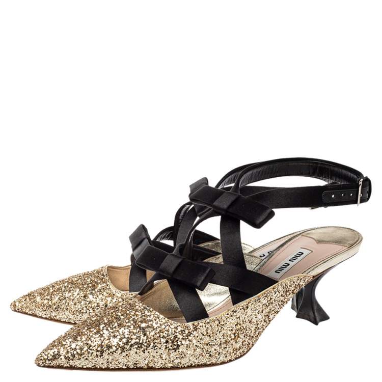 Pre Owned Miu Miu Gold Glitter And Satin Double Bow Ankle Strap Pumps Size 39
