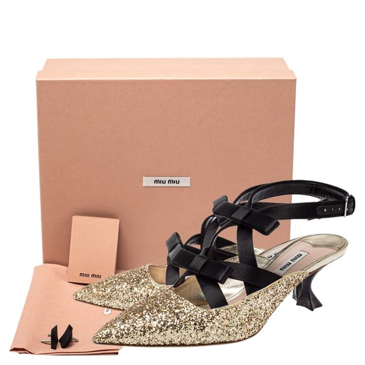 Pre Owned Miu Miu Gold Glitter And Satin Double Bow Ankle Strap Pumps Size 39
