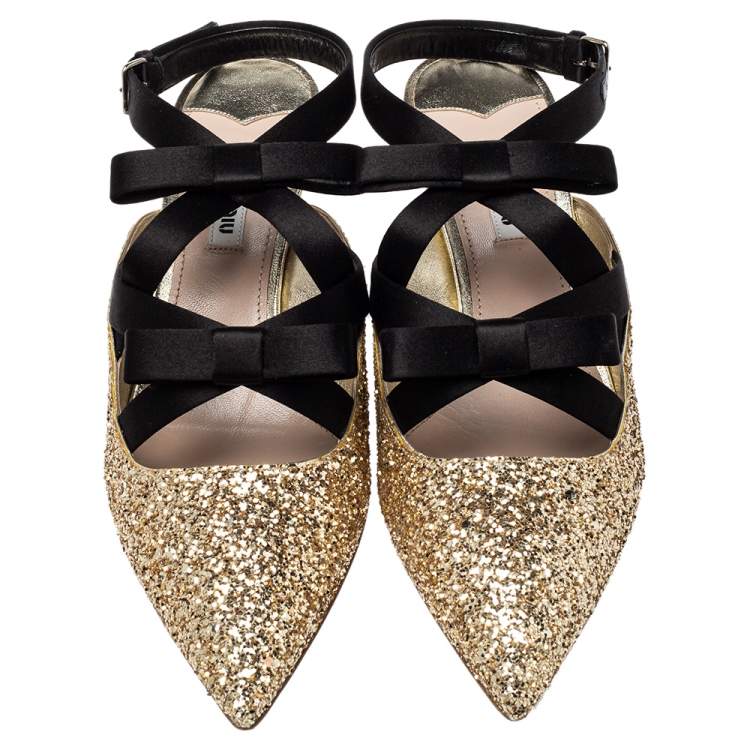 Pre Owned Miu Miu Gold Glitter And Satin Double Bow Ankle Strap Pumps Size 39