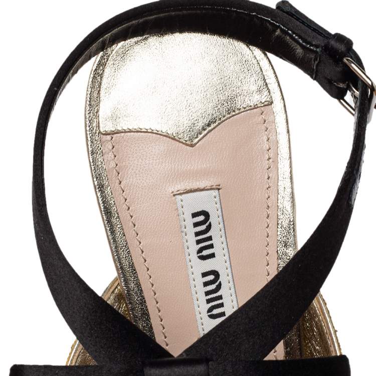 Pre Owned Miu Miu Gold Glitter And Satin Double Bow Ankle Strap Pumps Size 39