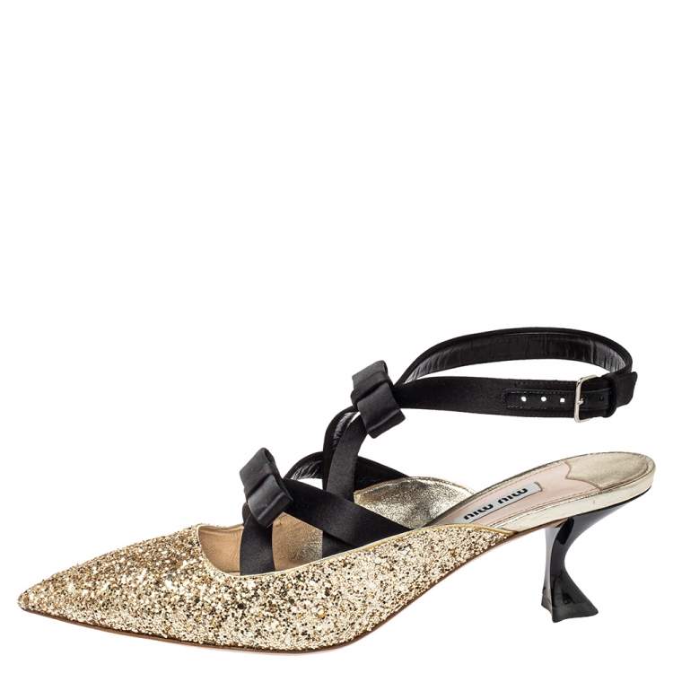 Pre Owned Miu Miu Gold Glitter And Satin Double Bow Ankle Strap Pumps Size 39