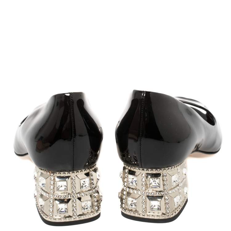 Pre Owned Miu Miu Black Patent Leather Crystal Embellished Heel Peep Toe Pumps 37.5