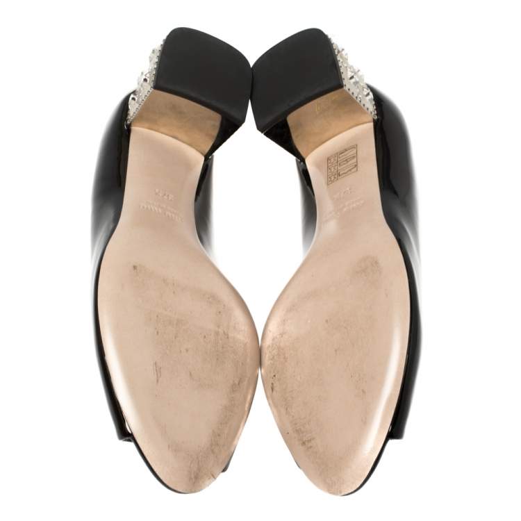 Pre Owned Miu Miu Black Patent Leather Crystal Embellished Heel Peep Toe Pumps 37.5