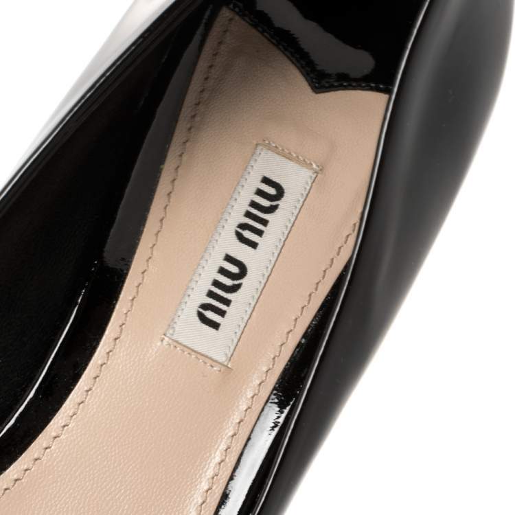 Pre Owned Miu Miu Black Patent Leather Crystal Embellished Heel Peep Toe Pumps 37.5