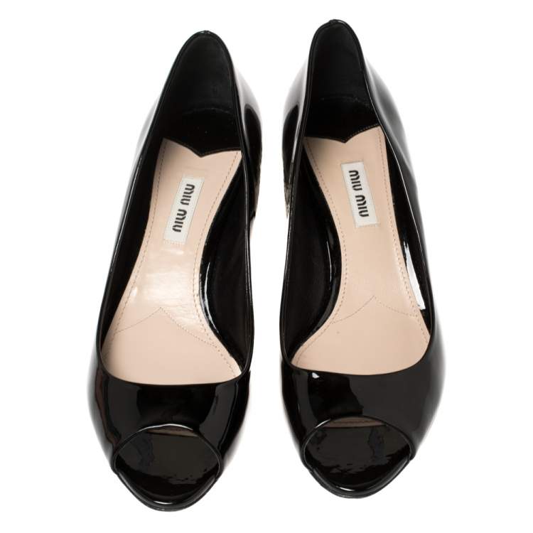 Pre Owned Miu Miu Black Patent Leather Crystal Embellished Heel Peep Toe Pumps 37.5