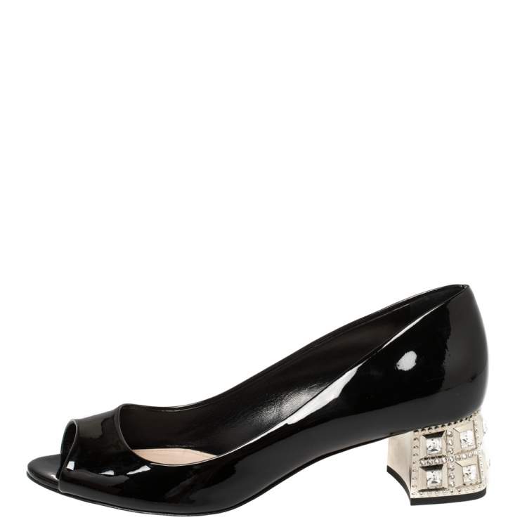 Pre Owned Miu Miu Black Patent Leather Crystal Embellished Heel Peep Toe Pumps 37.5