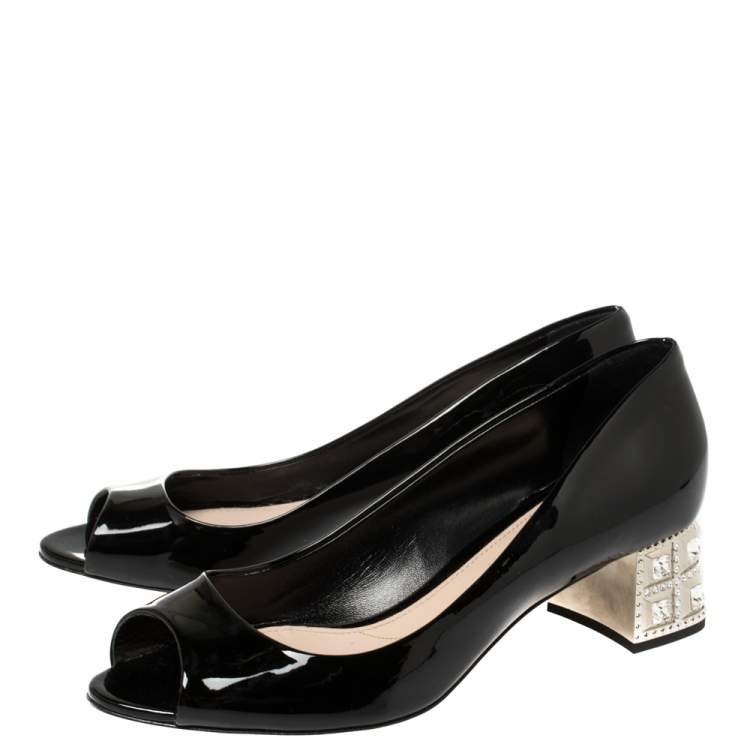 Pre Owned Miu Miu Black Patent Leather Crystal Embellished Heel Peep Toe Pumps 37.5