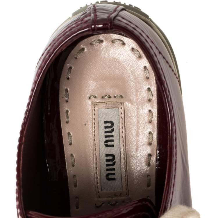 Pre Owned Miu Miu Maroon Patent Leather Crystal Embellished Low Top Sneakers Size 36
