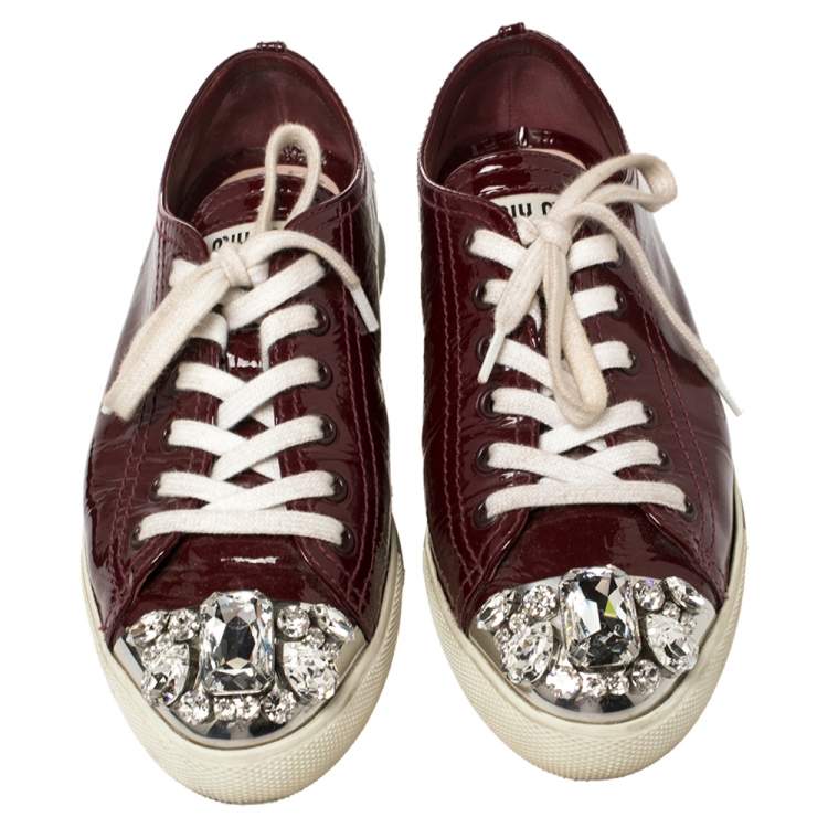 Pre Owned Miu Miu Maroon Patent Leather Crystal Embellished Low Top Sneakers Size 36