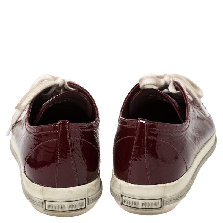 Pre Owned Miu Miu Maroon Patent Leather Crystal Embellished Low Top Sneakers Size 36