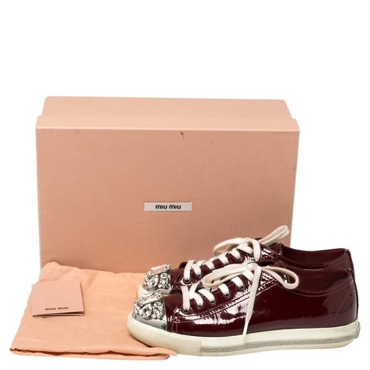 Pre Owned Miu Miu Maroon Patent Leather Crystal Embellished Low Top Sneakers Size 36