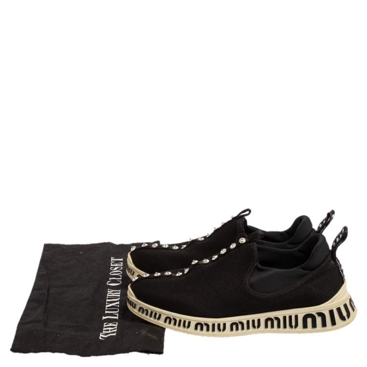 Pre Owned Miu Miu Black Stretch Knit Crystal Embellished Run Sneakers Size 36.5