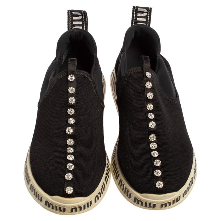 Pre Owned Miu Miu Black Stretch Knit Crystal Embellished Run Sneakers Size 36.5