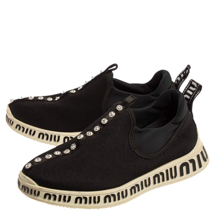Pre Owned Miu Miu Black Stretch Knit Crystal Embellished Run Sneakers Size 36.5