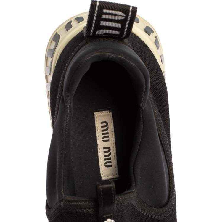 Pre Owned Miu Miu Black Stretch Knit Crystal Embellished Run Sneakers Size 36.5