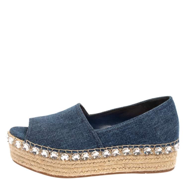 Pre Owned Miu Miu Blue Denim Crystal Embellished Peep Toe Platform Espadrilles Size 40