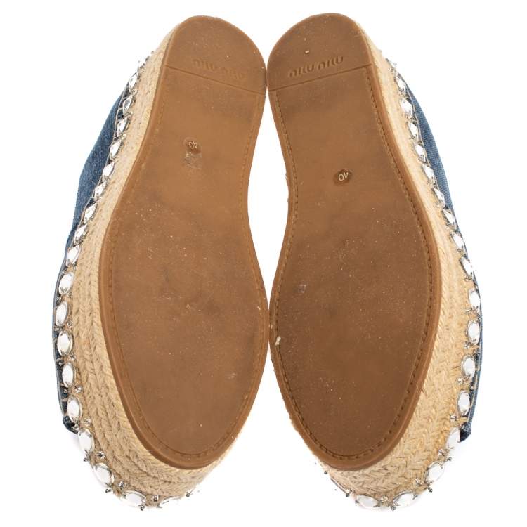Pre Owned Miu Miu Blue Denim Crystal Embellished Peep Toe Platform Espadrilles Size 40
