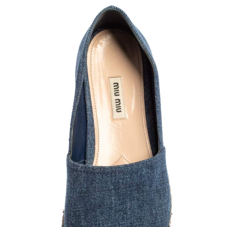 Pre Owned Miu Miu Blue Denim Crystal Embellished Peep Toe Platform Espadrilles Size 40