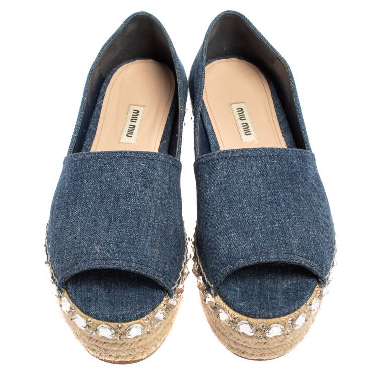 Pre Owned Miu Miu Blue Denim Crystal Embellished Peep Toe Platform Espadrilles Size 40