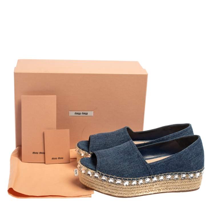 Pre Owned Miu Miu Blue Denim Crystal Embellished Peep Toe Platform Espadrilles Size 40