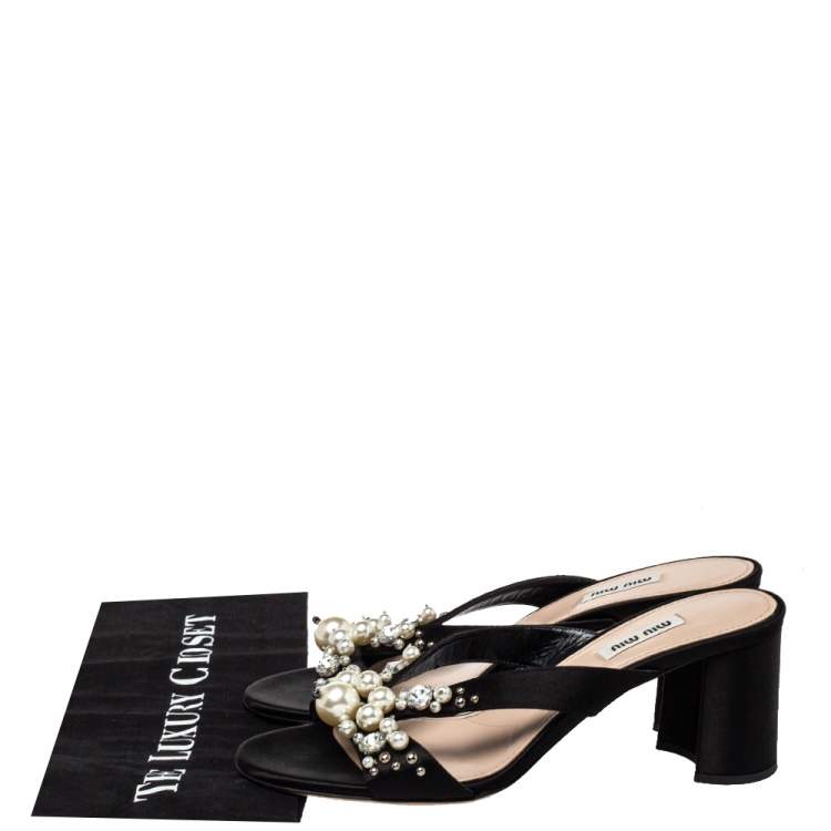 Pre Owned Miu Miu Black Satin Crystal And Pearl Embellished Slide Sandals Size 39