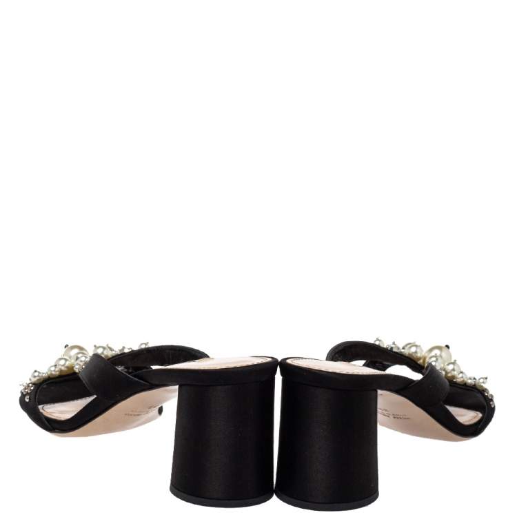 Pre Owned Miu Miu Black Satin Crystal And Pearl Embellished Slide Sandals Size 39