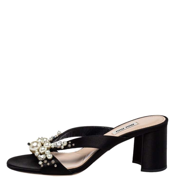 Pre Owned Miu Miu Black Satin Crystal And Pearl Embellished Slide Sandals Size 39