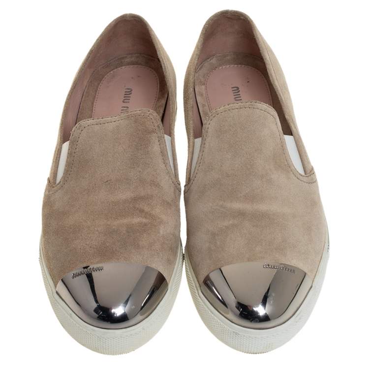 Pre Owned Miu Miu Beige Suede Metal Cap Toe Platform Slip On Sneakers Size 41