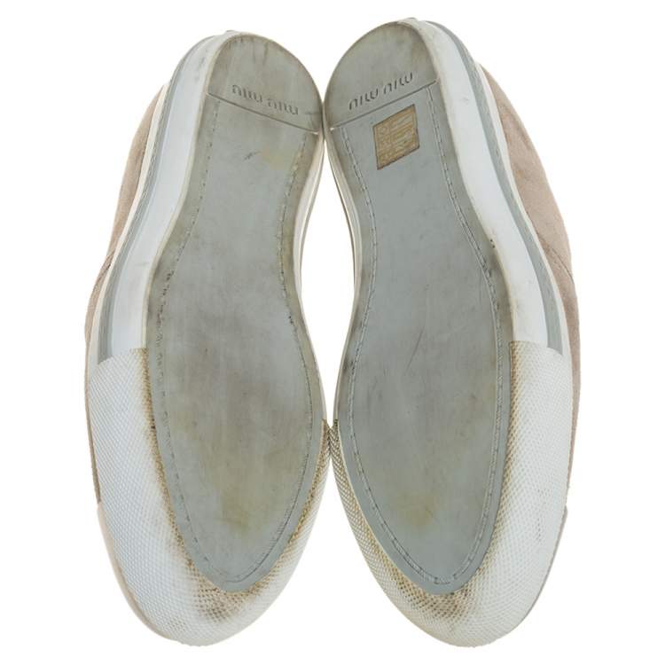 Pre Owned Miu Miu Beige Suede Metal Cap Toe Platform Slip On Sneakers Size 41