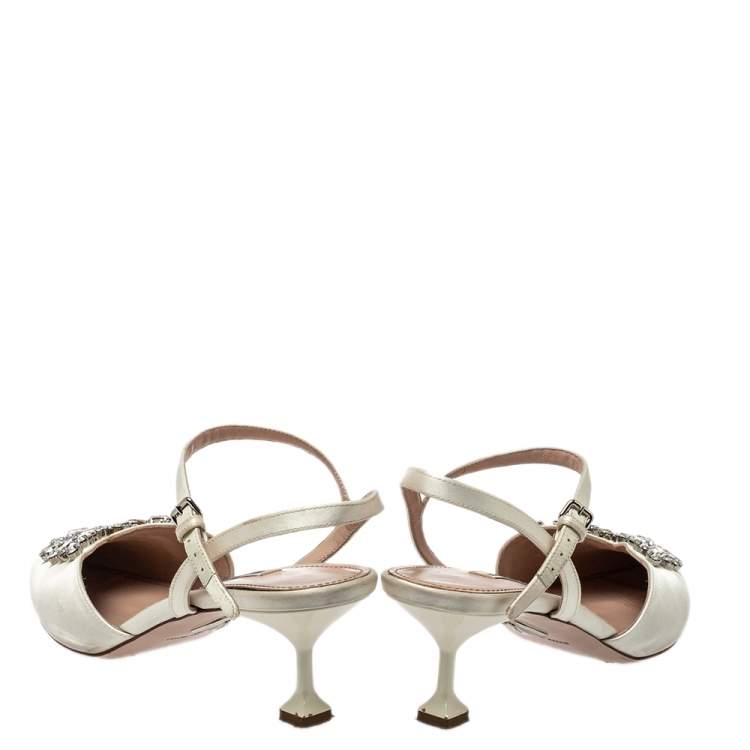 Pre Owned Miu Miu White Satin Crystal Embellished Sandals Size 40