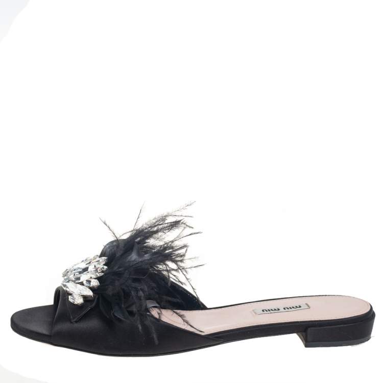 Pre Owned Miu Miu Black Satin And Feathers Crystal Embellished Flat Slides Size 41