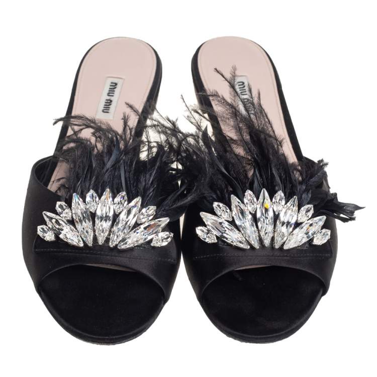 Pre Owned Miu Miu Black Satin And Feathers Crystal Embellished Flat Slides Size 41