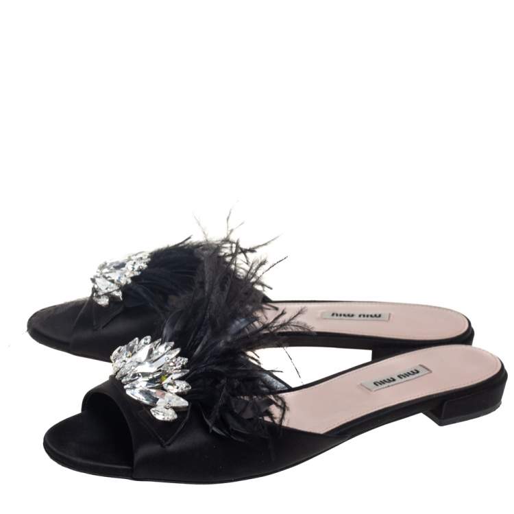 Pre Owned Miu Miu Black Satin And Feathers Crystal Embellished Flat Slides Size 41