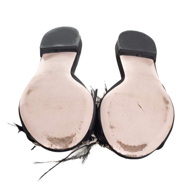 Pre Owned Miu Miu Black Satin And Feathers Crystal Embellished Flat Slides Size 41