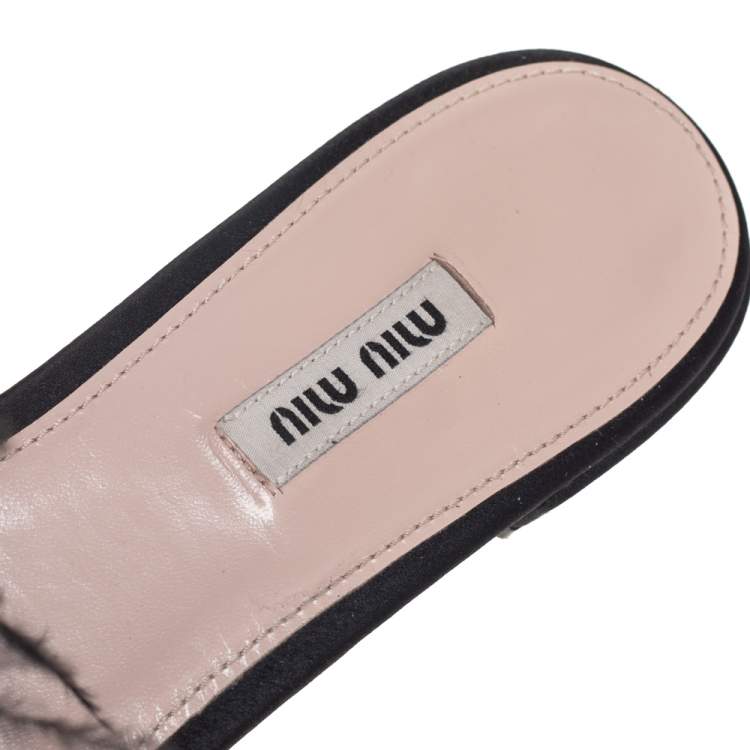Pre Owned Miu Miu Black Satin And Feathers Crystal Embellished Flat Slides Size 41