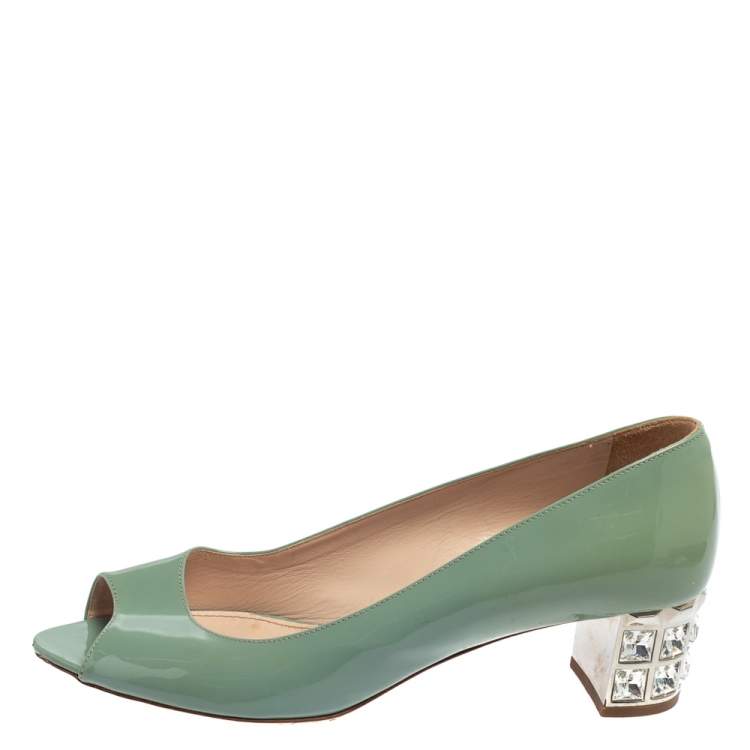 Pre Owned Miu Miu Teal Green Patent Leather Embellished Heel Peep Toe Pumps Size 37